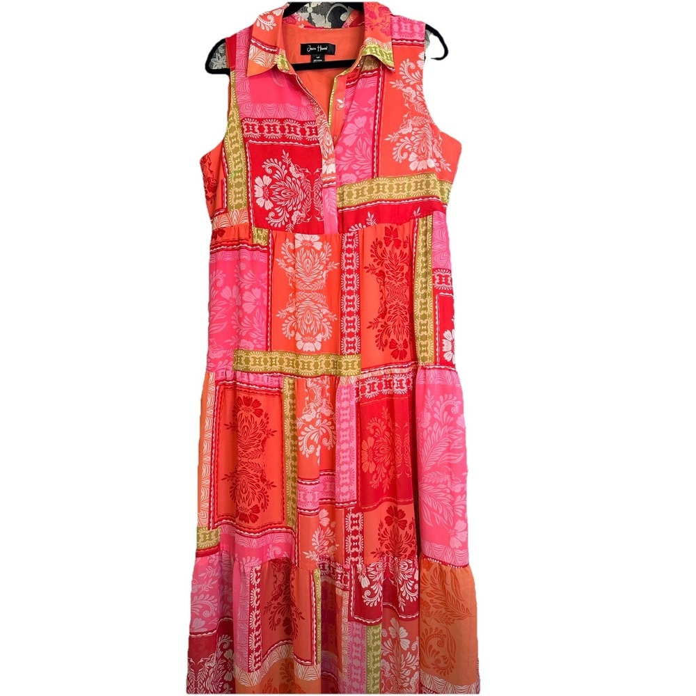 Jessica Howard Floral Dress 14P Sleeveless, Collared 1/4 Button Side Zipper